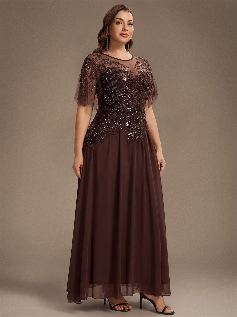 Maxikleid Mit Rundhalsausschnitt A-Linien Schnitt Tüllstoff Patchwork Und Pailletten Details Transparente Gestaltung #Farbe_Braun
