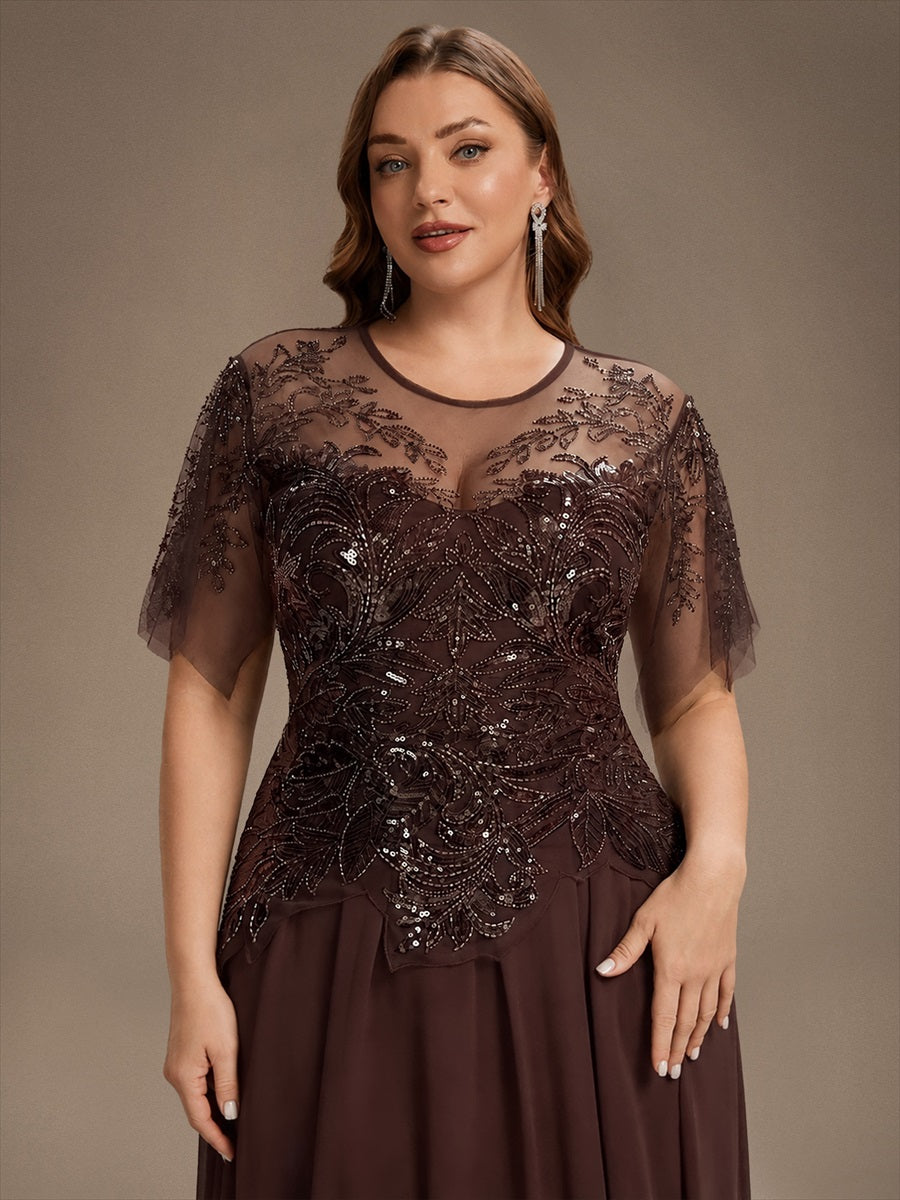 Maxikleid Mit Rundhalsausschnitt A-Linien Schnitt Tüllstoff Patchwork Und Pailletten Details Transparente Gestaltung #Farbe_Braun