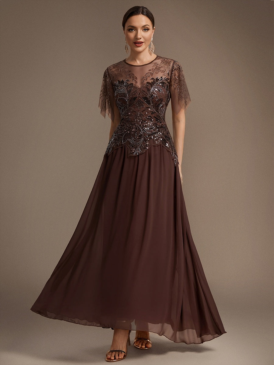 Maxikleid Mit Rundhalsausschnitt A-Linien Schnitt Tüllstoff Patchwork Und Pailletten Details Transparente Gestaltung #Farbe_Braun