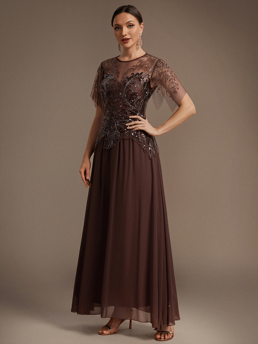 Maxikleid Mit Rundhalsausschnitt A-Linien Schnitt Tüllstoff Patchwork Und Pailletten Details Transparente Gestaltung #Farbe_Braun