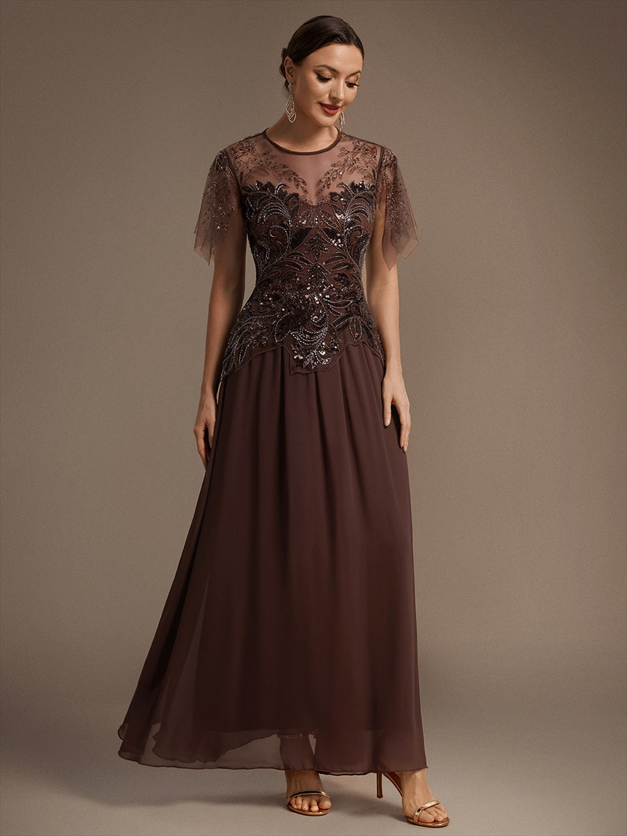 Maxikleid Mit Rundhalsausschnitt A-Linien Schnitt Tüllstoff Patchwork Und Pailletten Details Transparente Gestaltung #Farbe_Braun