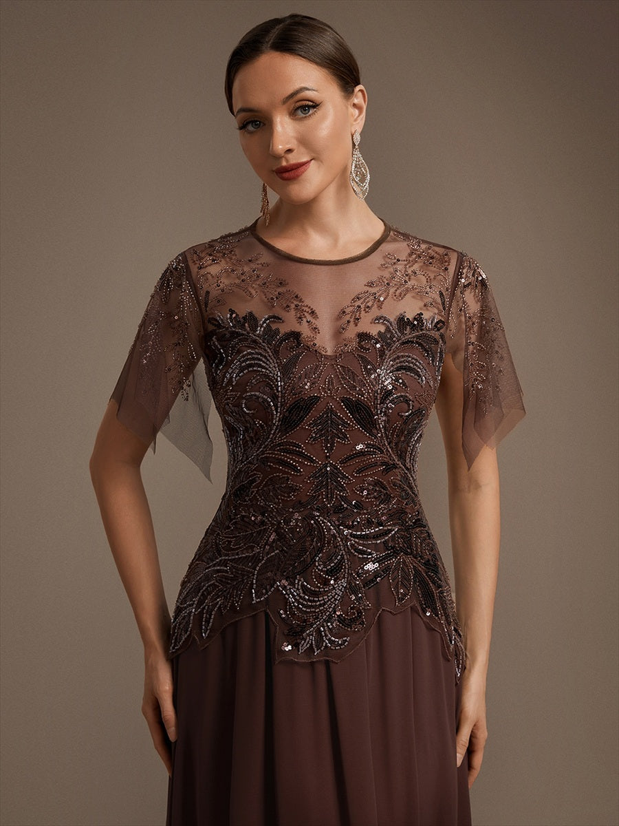 Maxikleid Mit Rundhalsausschnitt A-Linien Schnitt Tüllstoff Patchwork Und Pailletten Details Transparente Gestaltung #Farbe_Braun