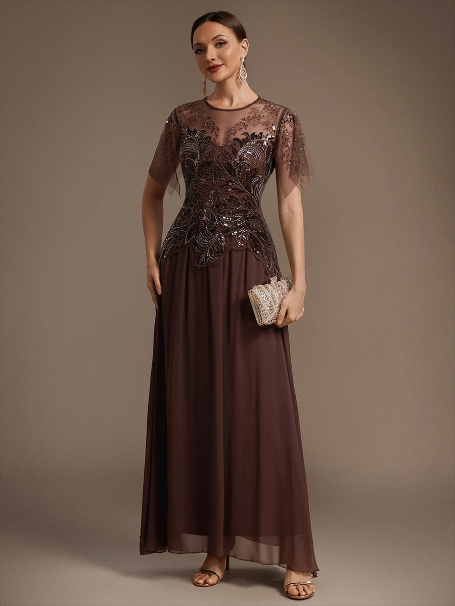 Maxikleid Mit Rundhalsausschnitt A-Linien Schnitt Tüllstoff Patchwork Und Pailletten Details Transparente Gestaltung #Farbe_Braun