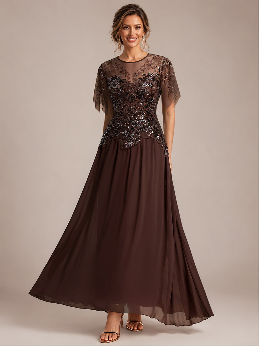 Maxikleid Mit Rundhalsausschnitt A-Linien Schnitt Tüllstoff Patchwork Und Pailletten Details Transparente Gestaltung #Farbe_Braun