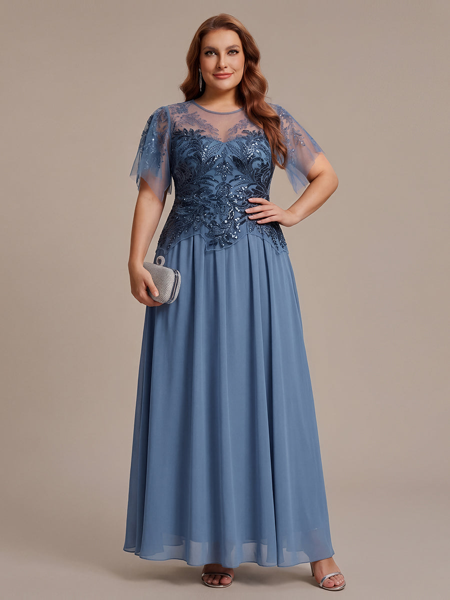 Plus Size Maxilänge A-Line Kleid Rundhalsausschnitt Tüll Patchwork Pailletten Transparente Details #Farbe_Taubenblau