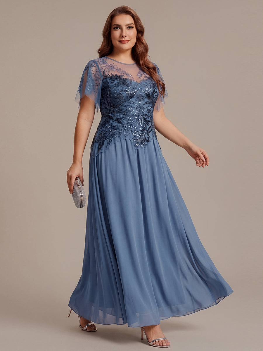 Plus Size Maxilänge A-Line Kleid Rundhalsausschnitt Tüll Patchwork Pailletten Transparente Details #Farbe_Taubenblau