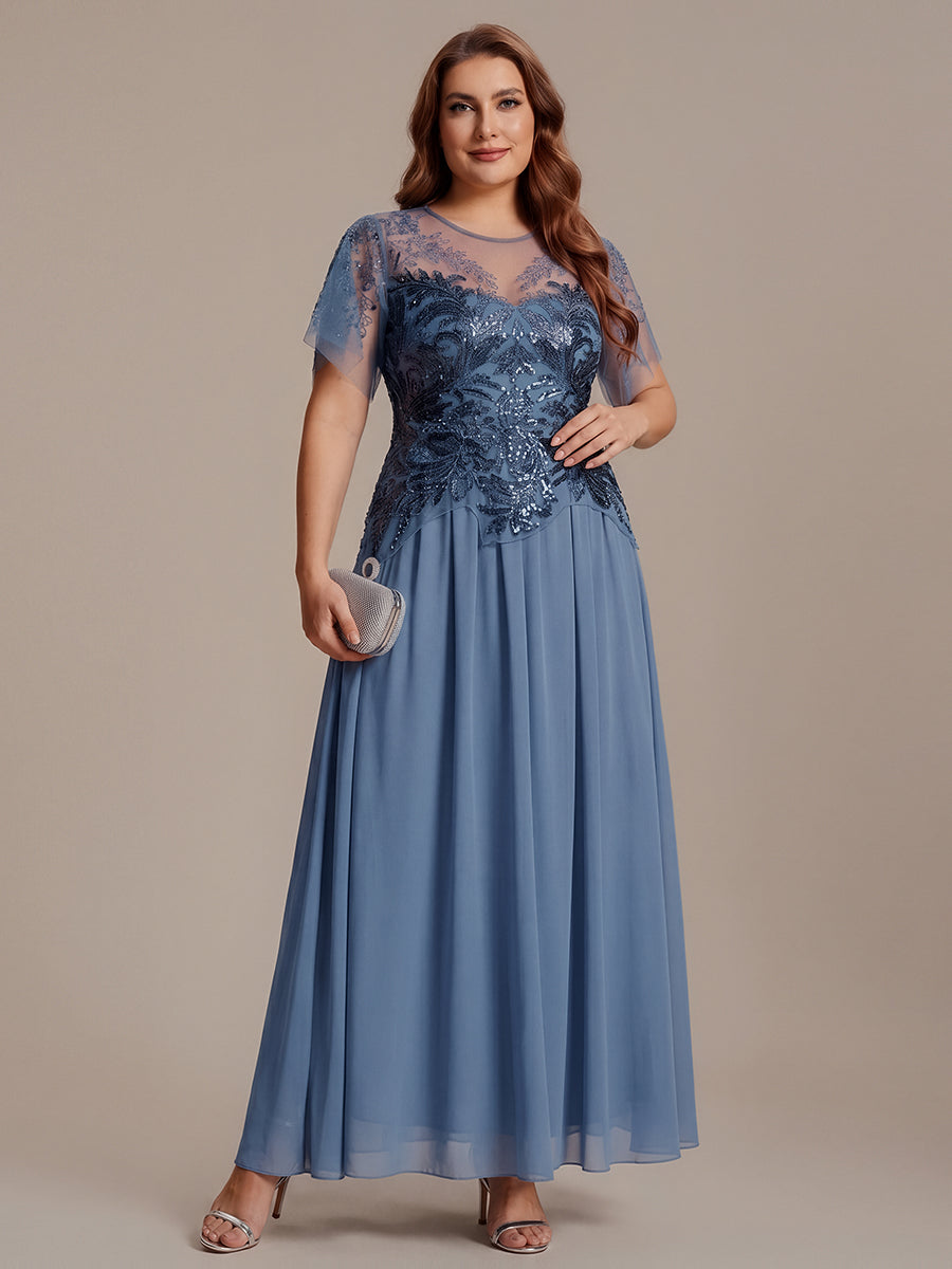 Plus Size Maxilänge A-Line Kleid Rundhalsausschnitt Tüll Patchwork Pailletten Transparente Details #Farbe_Taubenblau