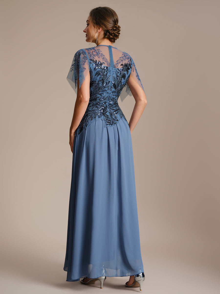 Maxikleid Mit Rundhalsausschnitt A-Linien Schnitt Tüllstoff Patchwork Und Pailletten Details Transparente Gestaltung #Farbe_Taubenblau