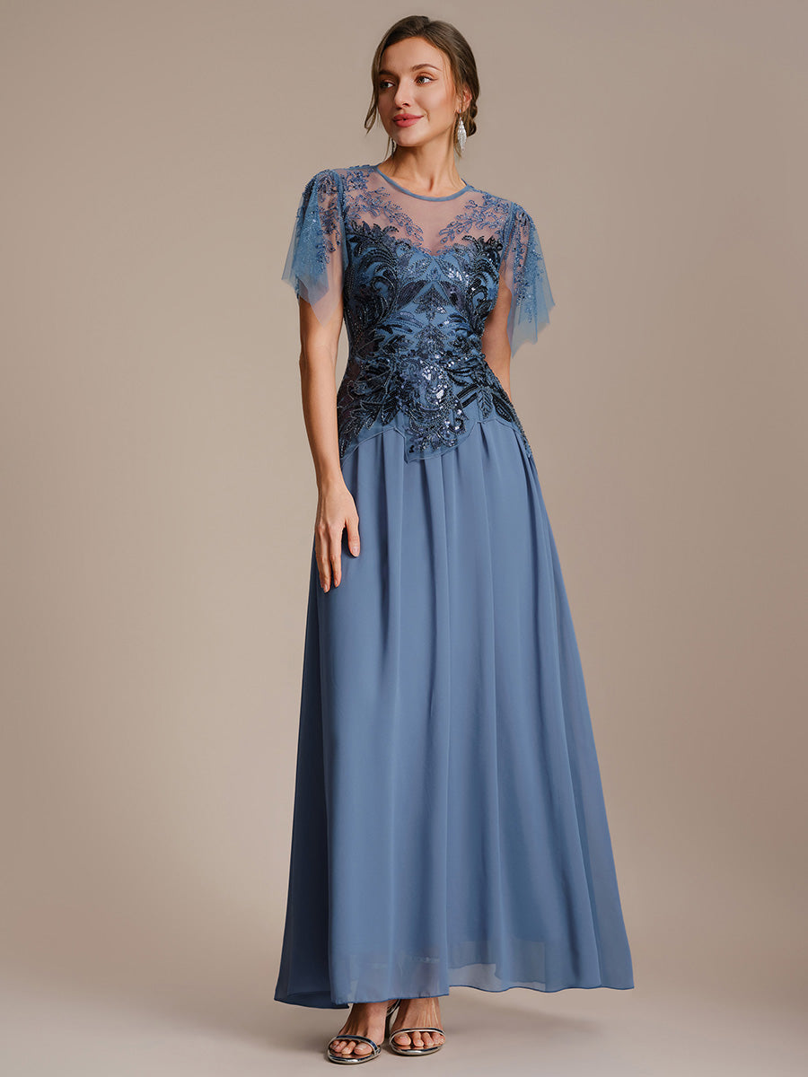 Maxilänge Aline Kleid Rundhalsausschnitt Tüll Patchwork Pailletten Transparente Details #Farbe_Taubenblau
