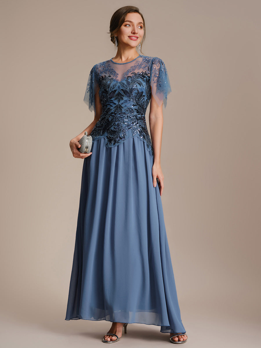 Maxilänge Aline Kleid Rundhalsausschnitt Tüll Patchwork Pailletten Transparente Details #Farbe_Taubenblau