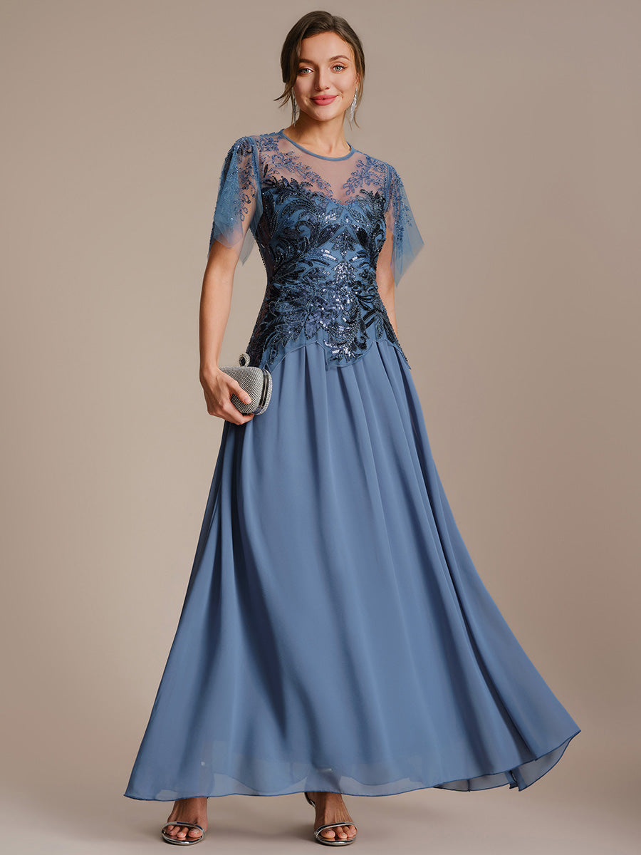 Maxikleid Mit Rundhalsausschnitt A-Linien Schnitt Tüllstoff Patchwork Und Pailletten Details Transparente Gestaltung #Farbe_Taubenblau