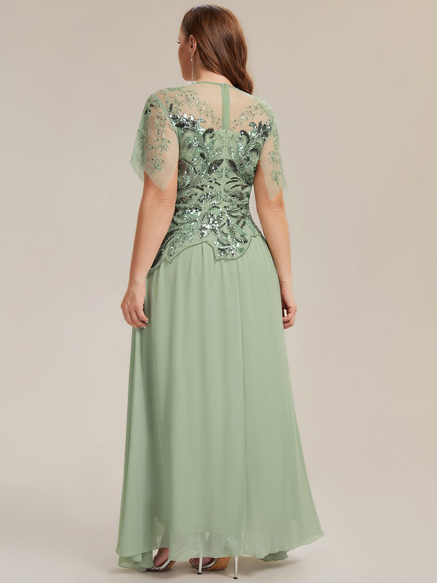 Plus Size Maxilänge A-Line Kleid Rundhalsausschnitt Tüll Patchwork Pailletten Transparente Details #Farbe_Mintgrün