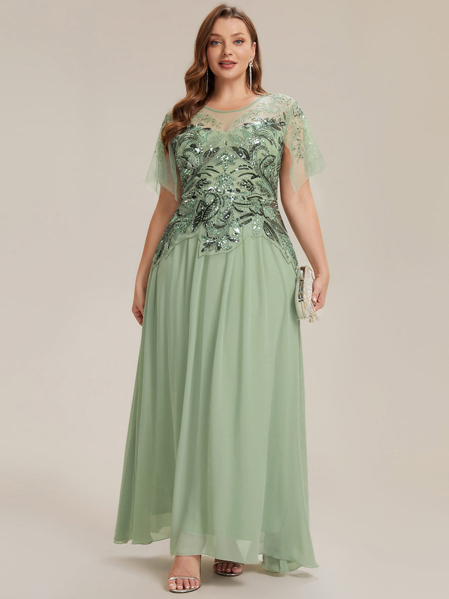 Maxikleid Mit Rundhalsausschnitt A-Linien Schnitt Tüllstoff Patchwork Und Pailletten Details Transparente Gestaltung #Farbe_Mintgrün