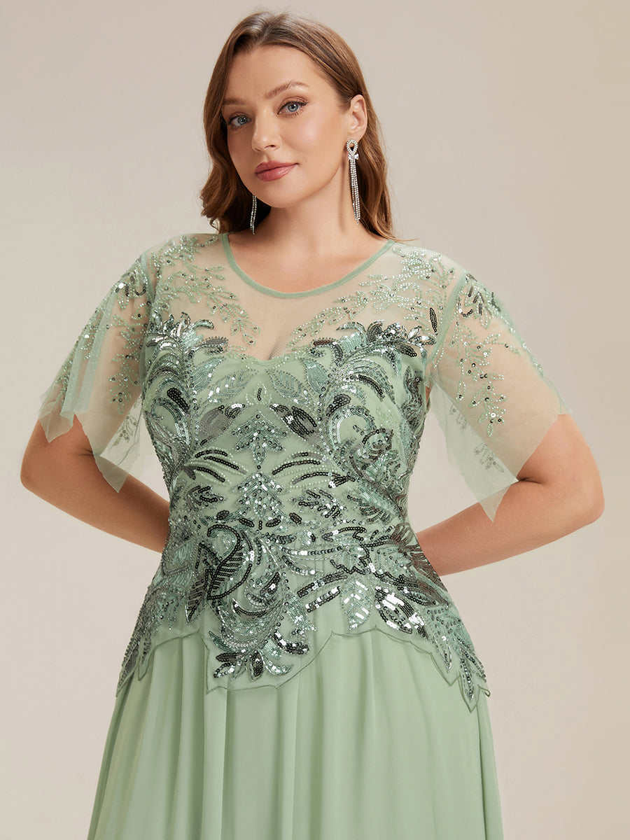 Plus Size Maxilänge A-Line Kleid Rundhalsausschnitt Tüll Patchwork Pailletten Transparente Details #Farbe_Mintgrün