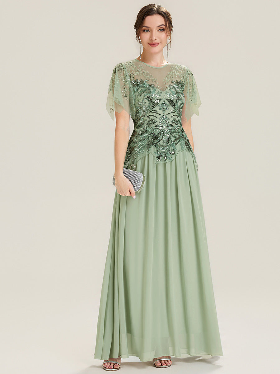 Maxilänge Aline Kleid Rundhalsausschnitt Tüll Patchwork Pailletten Transparente Details #Farbe_Mintgrün
