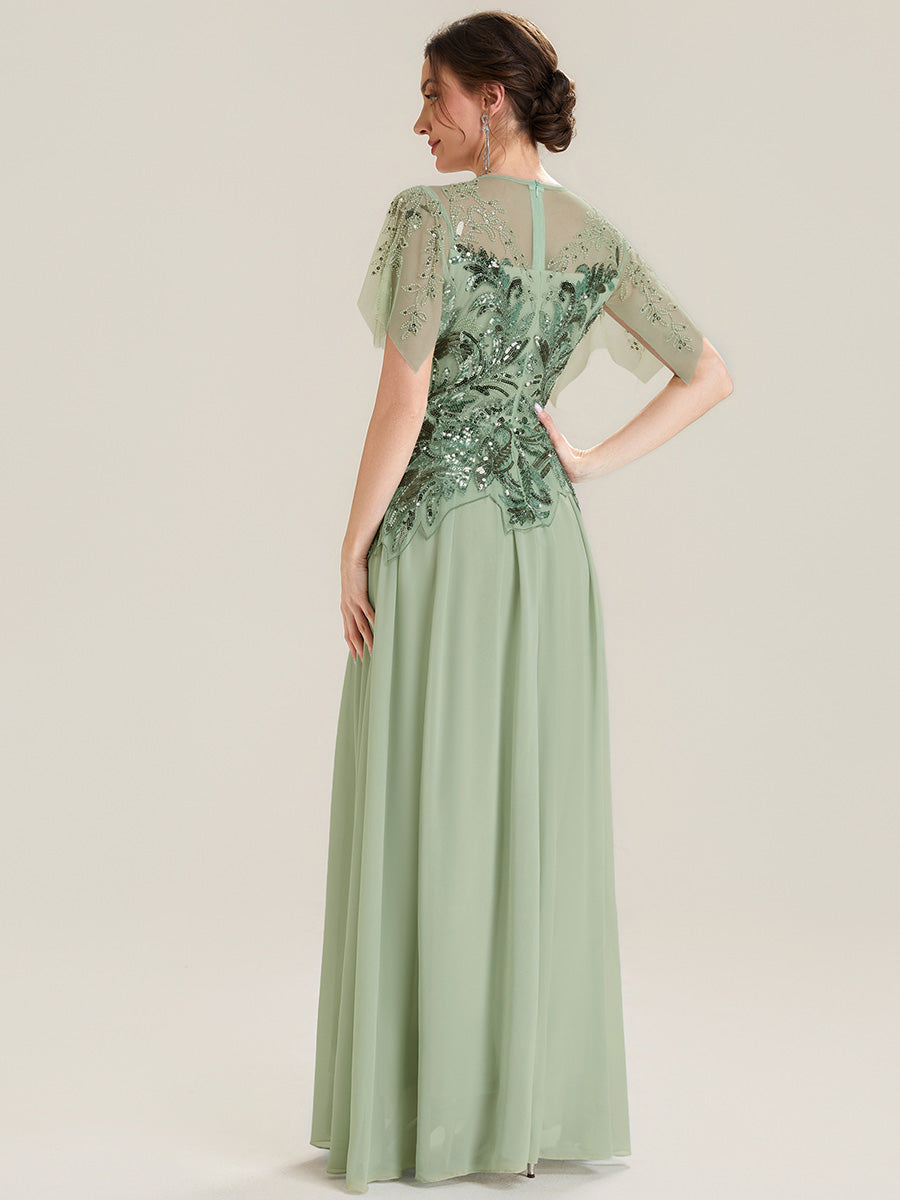 Maxilänge Aline Kleid Rundhalsausschnitt Tüll Patchwork Pailletten Transparente Details #Farbe_Mintgrün