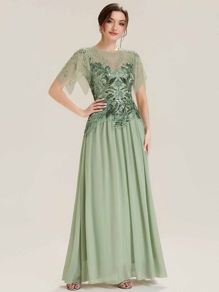Maxilänge Aline Kleid Rundhalsausschnitt Tüll Patchwork Pailletten Transparente Details #Farbe_Mintgrün