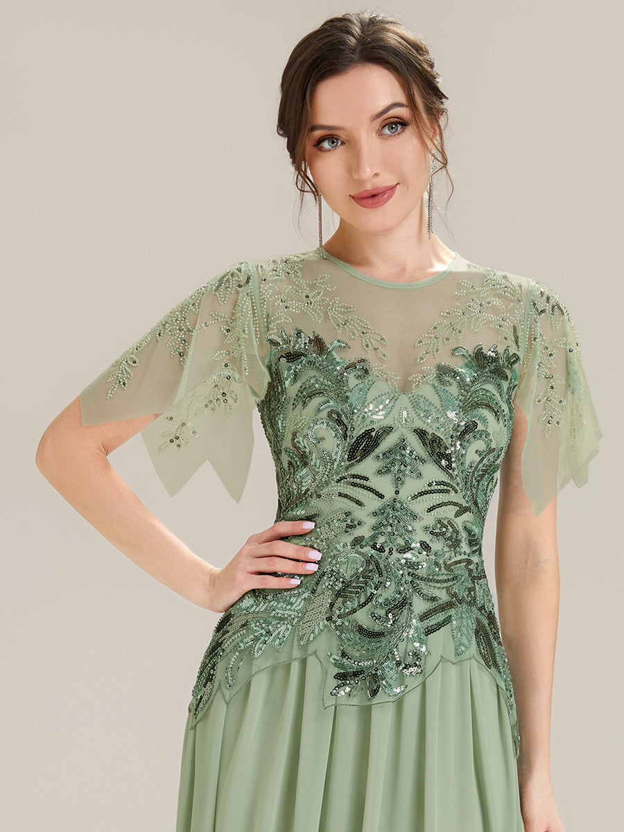 Maxilänge Aline Kleid Rundhalsausschnitt Tüll Patchwork Pailletten Transparente Details #Farbe_Mintgrün
