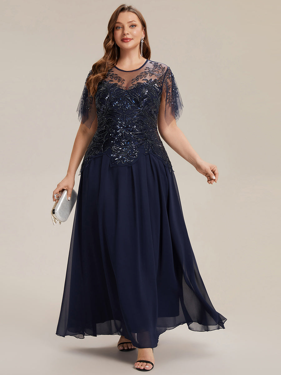 Plus Size Maxilänge A-Line Kleid Rundhalsausschnitt Tüll Patchwork Pailletten Transparente Details #Farbe_Marineblau