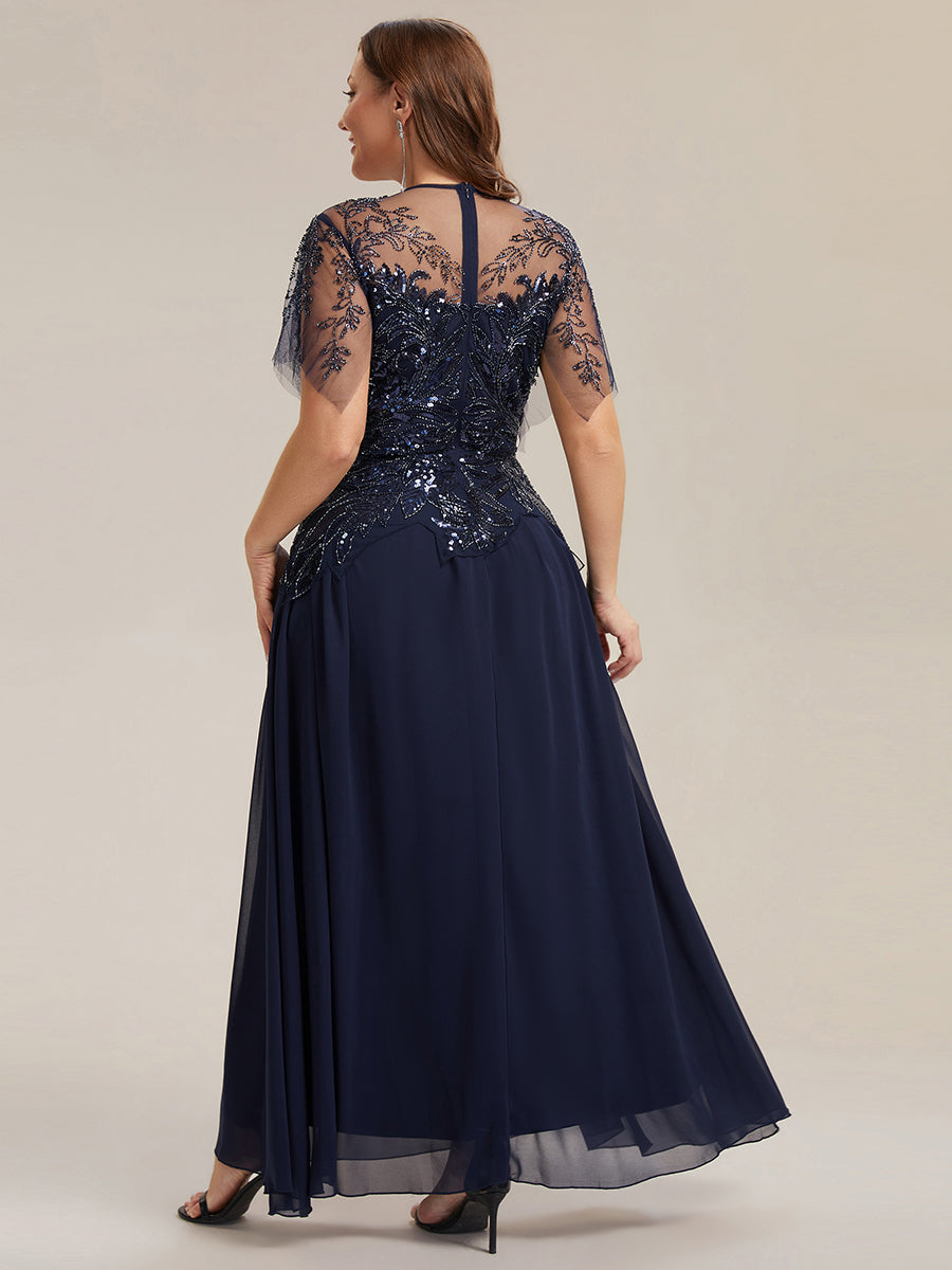 Maxikleid Mit Rundhalsausschnitt A-Linien Schnitt Tüllstoff Patchwork Und Pailletten Details Transparente Gestaltung #Farbe_Marineblau