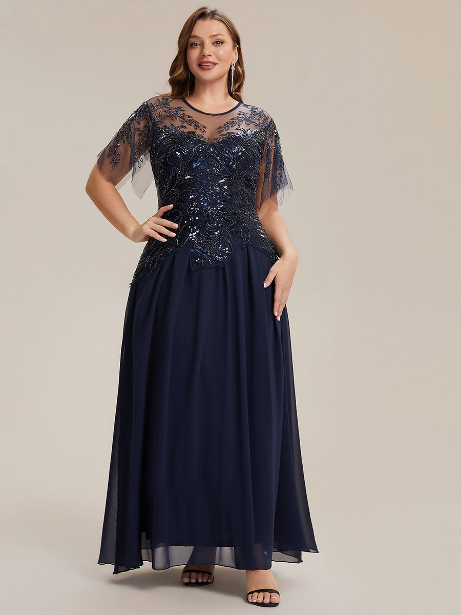 Plus Size Maxilänge A-Line Kleid Rundhalsausschnitt Tüll Patchwork Pailletten Transparente Details #Farbe_Marineblau