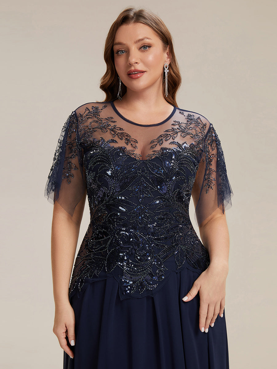 Plus Size Maxilänge A-Line Kleid Rundhalsausschnitt Tüll Patchwork Pailletten Transparente Details #Farbe_Marineblau