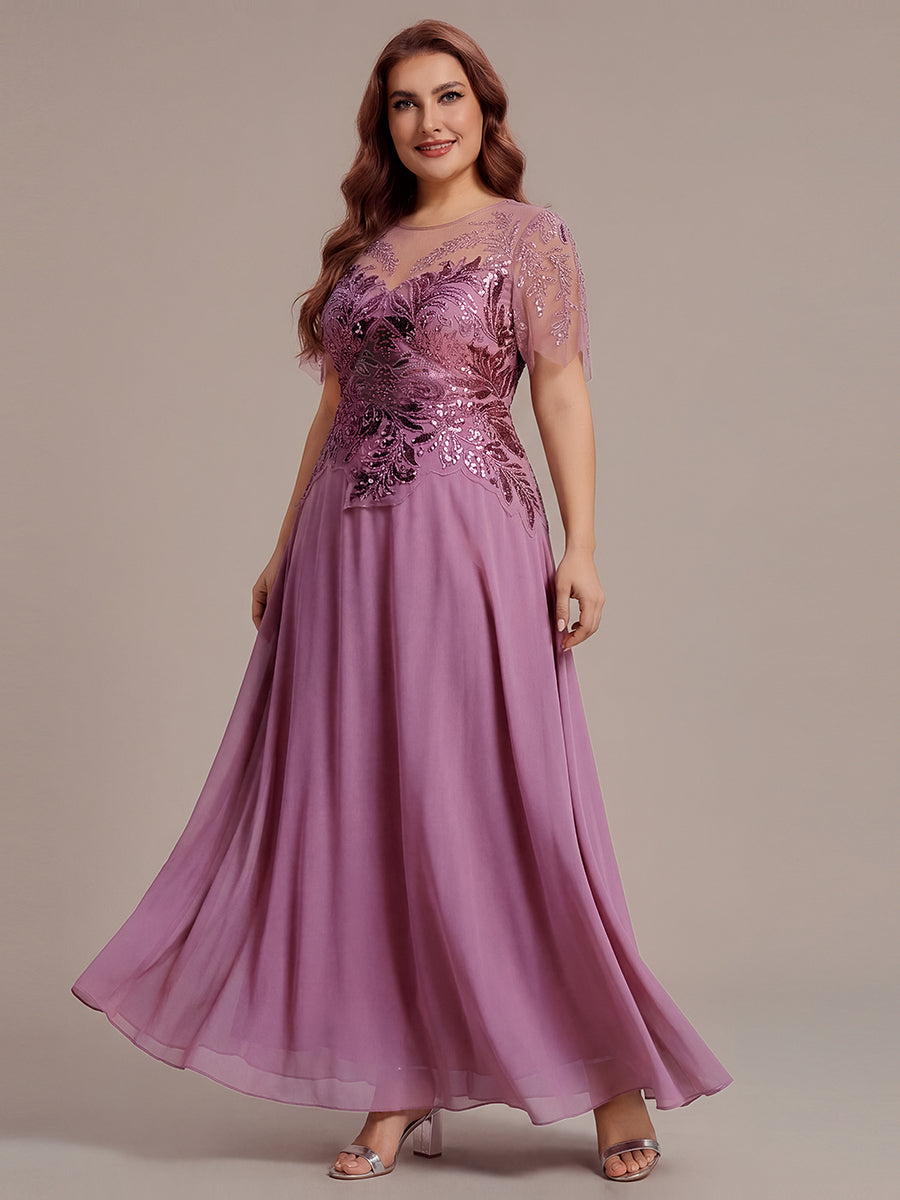 Plus Size Maxilänge A-Line Kleid Rundhalsausschnitt Tüll Patchwork Pailletten Transparente Details #Farbe_Orchideenviolett
