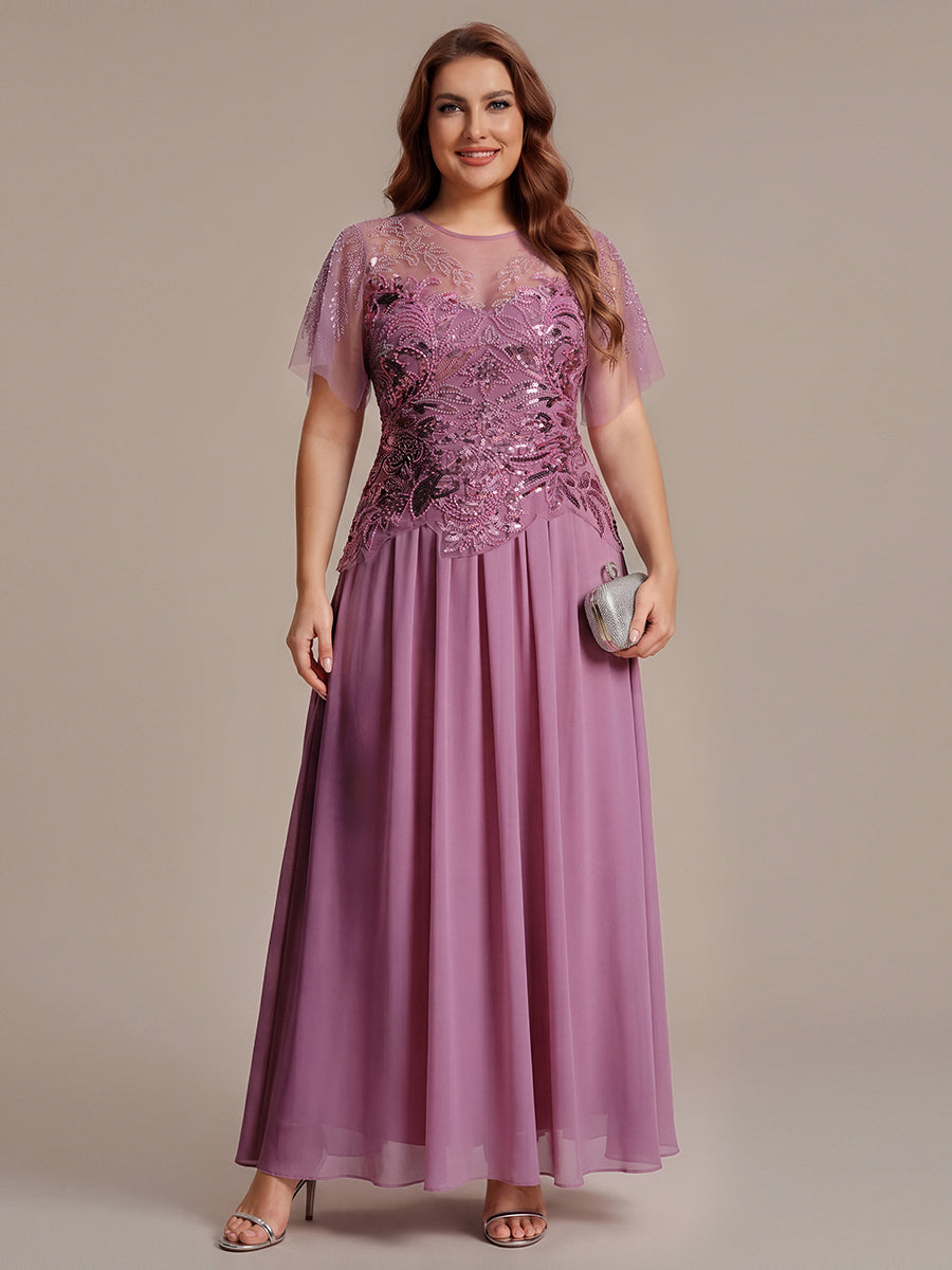 Maxikleid Mit Rundhalsausschnitt A-Linien Schnitt Tüllstoff Patchwork Und Pailletten Details Transparente Gestaltung #Farbe_Orchideenviolett