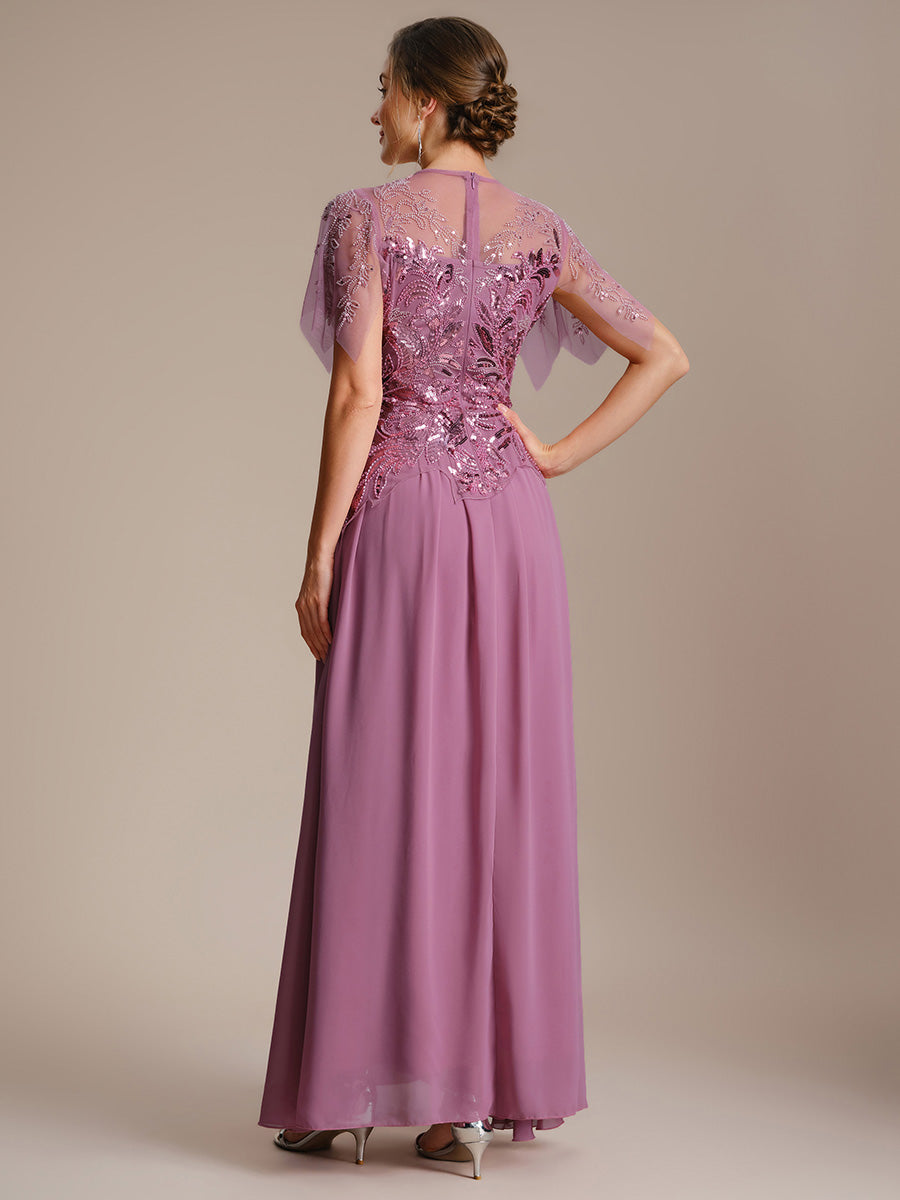 Maxilänge Aline Kleid Rundhalsausschnitt Tüll Patchwork Pailletten Transparente Details #Farbe_Orchideenviolett