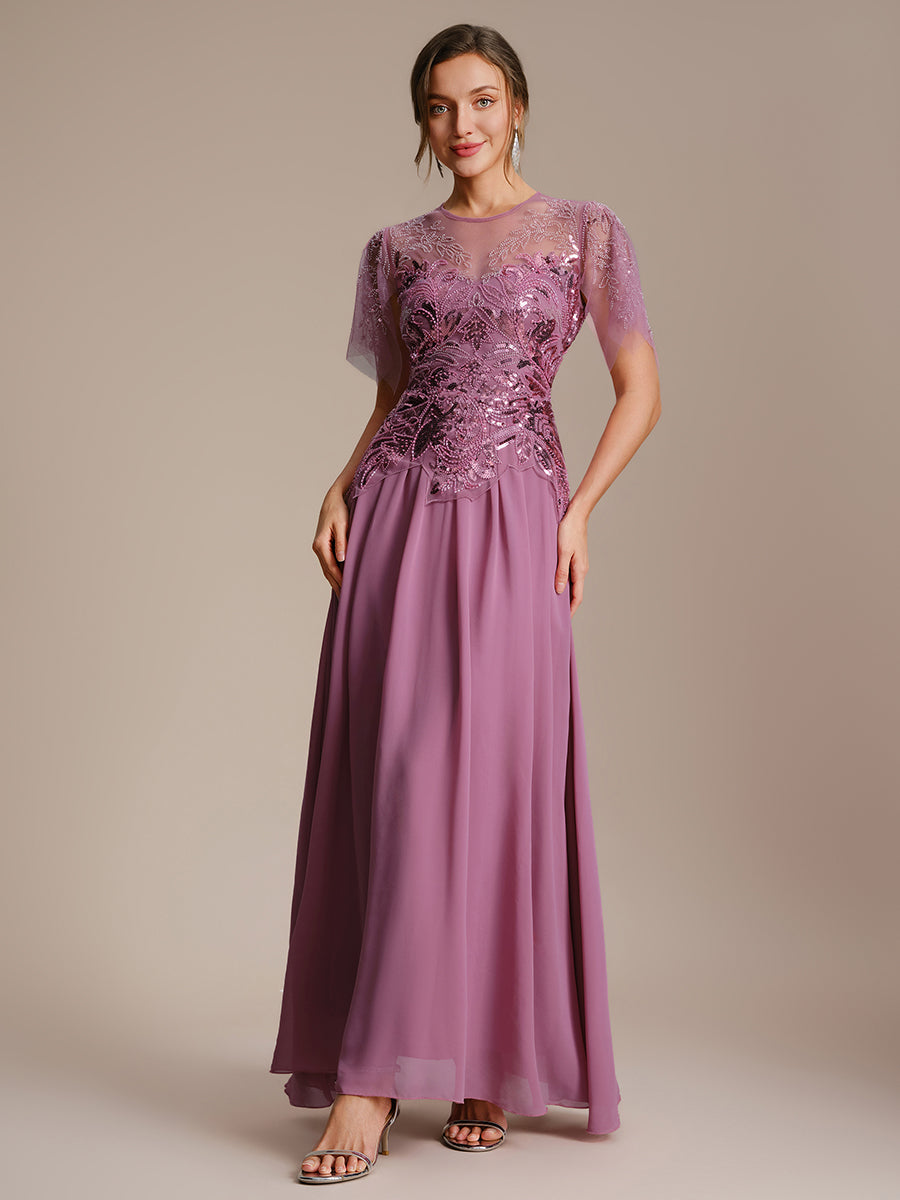 Maxikleid Mit Rundhalsausschnitt A-Linien Schnitt Tüllstoff Patchwork Und Pailletten Details Transparente Gestaltung #Farbe_Orchideenviolett