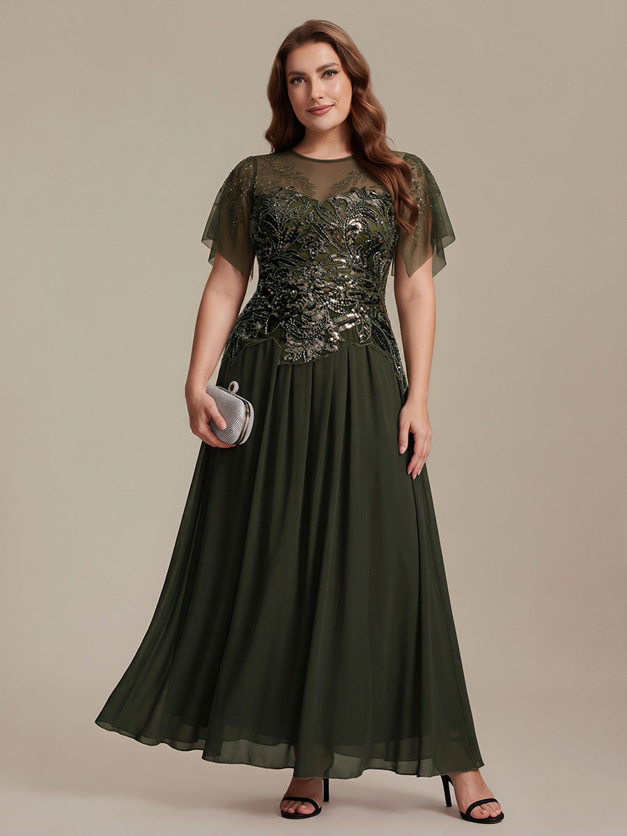 Plus Size Maxilänge A-Line Kleid Rundhalsausschnitt Tüll Patchwork Pailletten Transparente Details #Farbe_Olivgrün