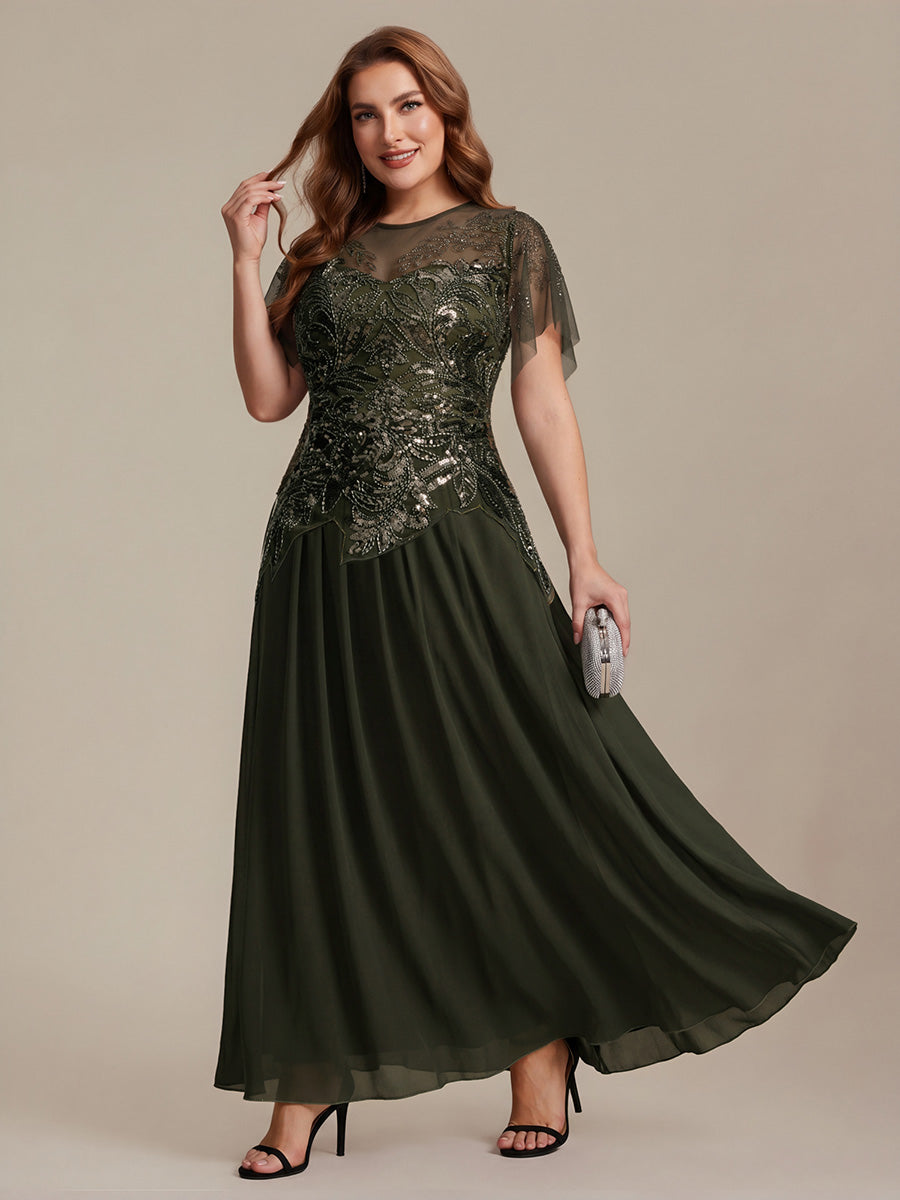 Plus Size Maxilänge A-Line Kleid Rundhalsausschnitt Tüll Patchwork Pailletten Transparente Details #Farbe_Olivgrün