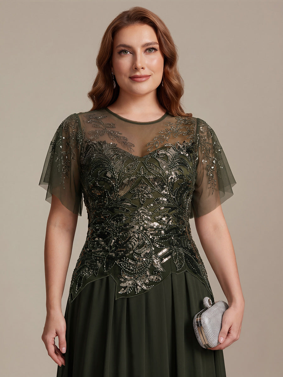 Plus Size Maxilänge A-Line Kleid Rundhalsausschnitt Tüll Patchwork Pailletten Transparente Details #Farbe_Olivgrün