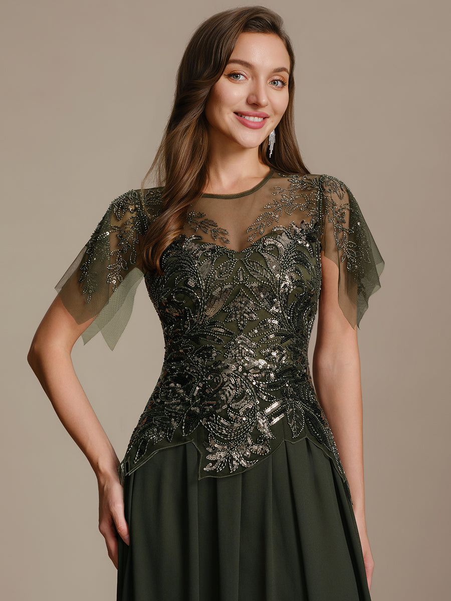 Maxikleid Mit Rundhalsausschnitt A-Linien Schnitt Tüllstoff Patchwork Und Pailletten Details Transparente Gestaltung #Farbe_Olivgrün