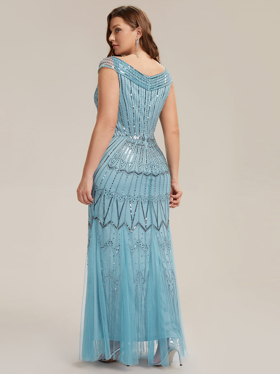 Maxil?nge Meerjungfrau Kleid V Ausschnitt T¨¹ll Verziert Pailletten Perlen #Farbe_Himmelblau