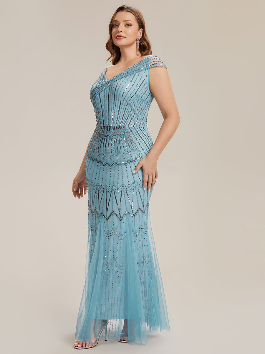 Maxil?nge Meerjungfrau Kleid V Ausschnitt T¨¹ll Verziert Pailletten Perlen #Farbe_Himmelblau