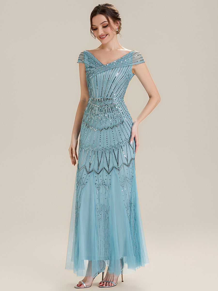 Maxil?nge Meerjungfrau Kleid V Ausschnitt T¨¹ll Verziert Pailletten Perlen #Farbe_Himmelblau