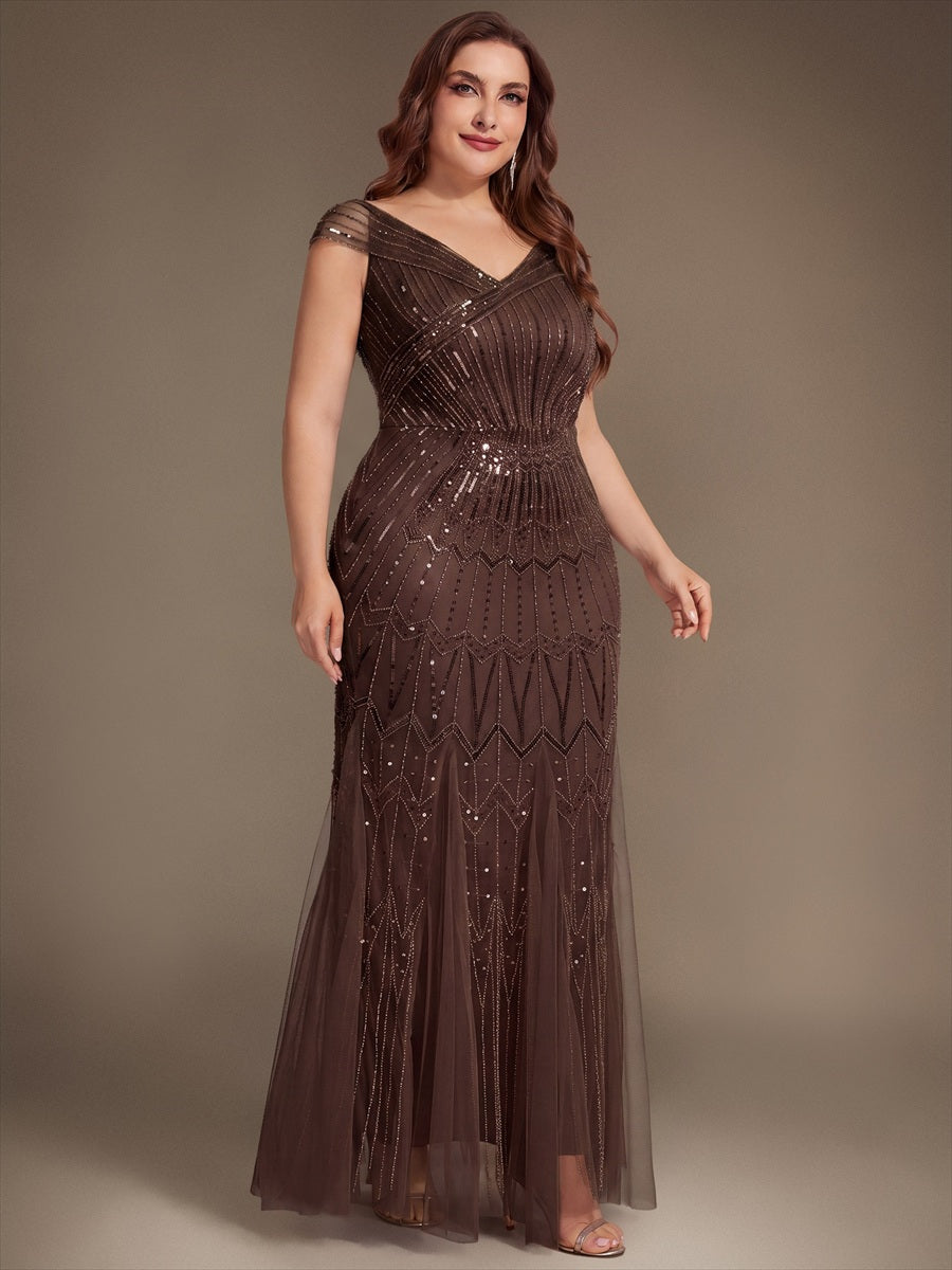 Maxil?nge Meerjungfrau Kleid V Ausschnitt T¨¹ll Verziert Pailletten Perlen #Farbe_Braun