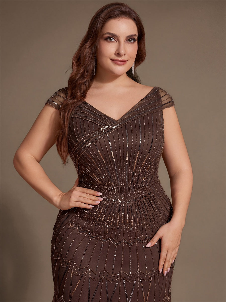 Maxil?nge Meerjungfrau Kleid V Ausschnitt T¨¹ll Verziert Pailletten Perlen #Farbe_Braun