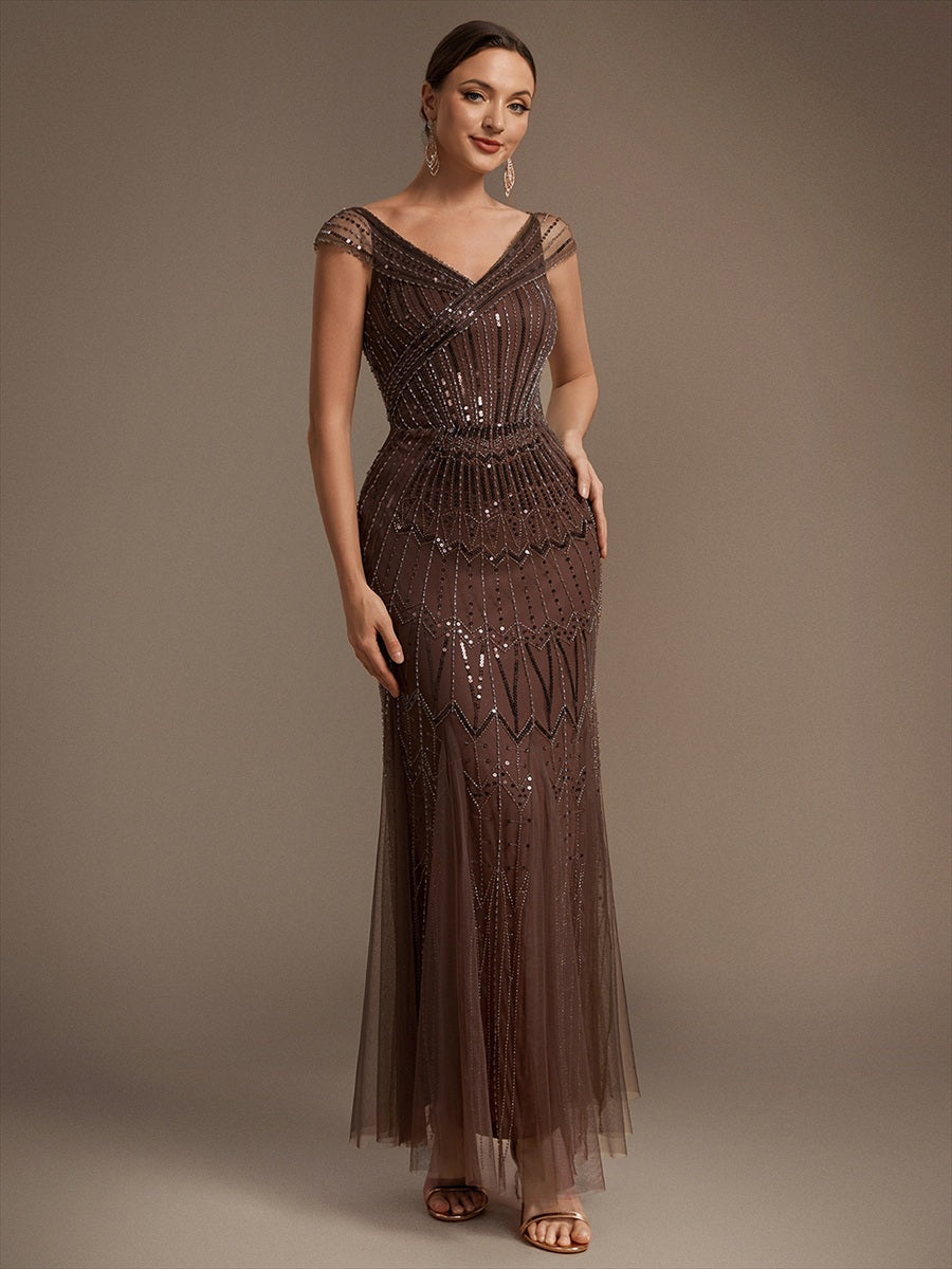Maxil?nge Meerjungfrau Kleid V Ausschnitt T¨¹ll Verziert Pailletten Perlen #Farbe_Braun