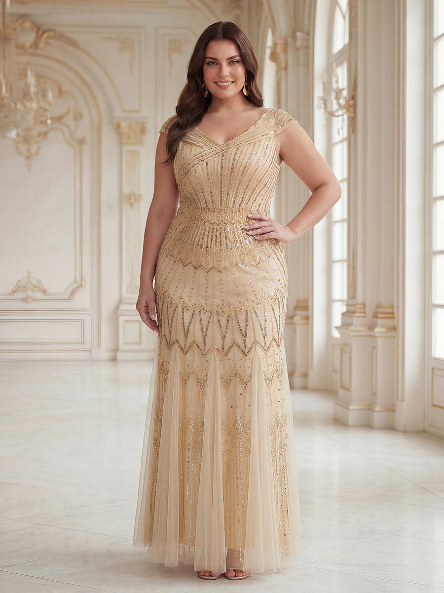 Maxil?nge Meerjungfrau Kleid V Ausschnitt T¨¹ll Verziert Pailletten Perlen #Farbe_Gold