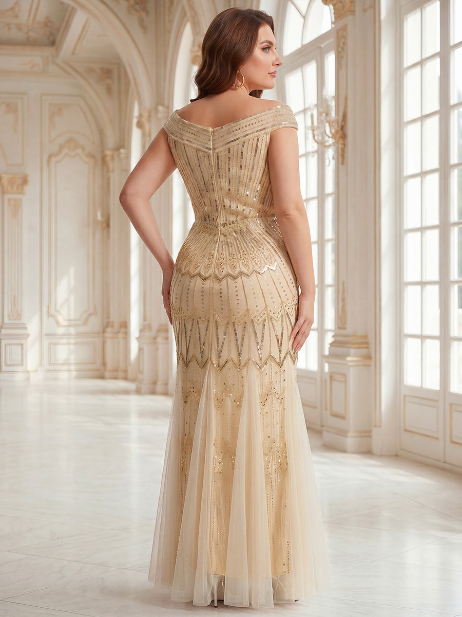 Maxil?nge Meerjungfrau Kleid V Ausschnitt T¨¹ll Verziert Pailletten Perlen #Farbe_Gold