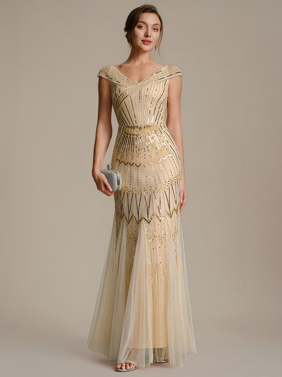 Maxil?nge Meerjungfrau Kleid V Ausschnitt T¨¹ll Verziert Pailletten Perlen #Farbe_Gold