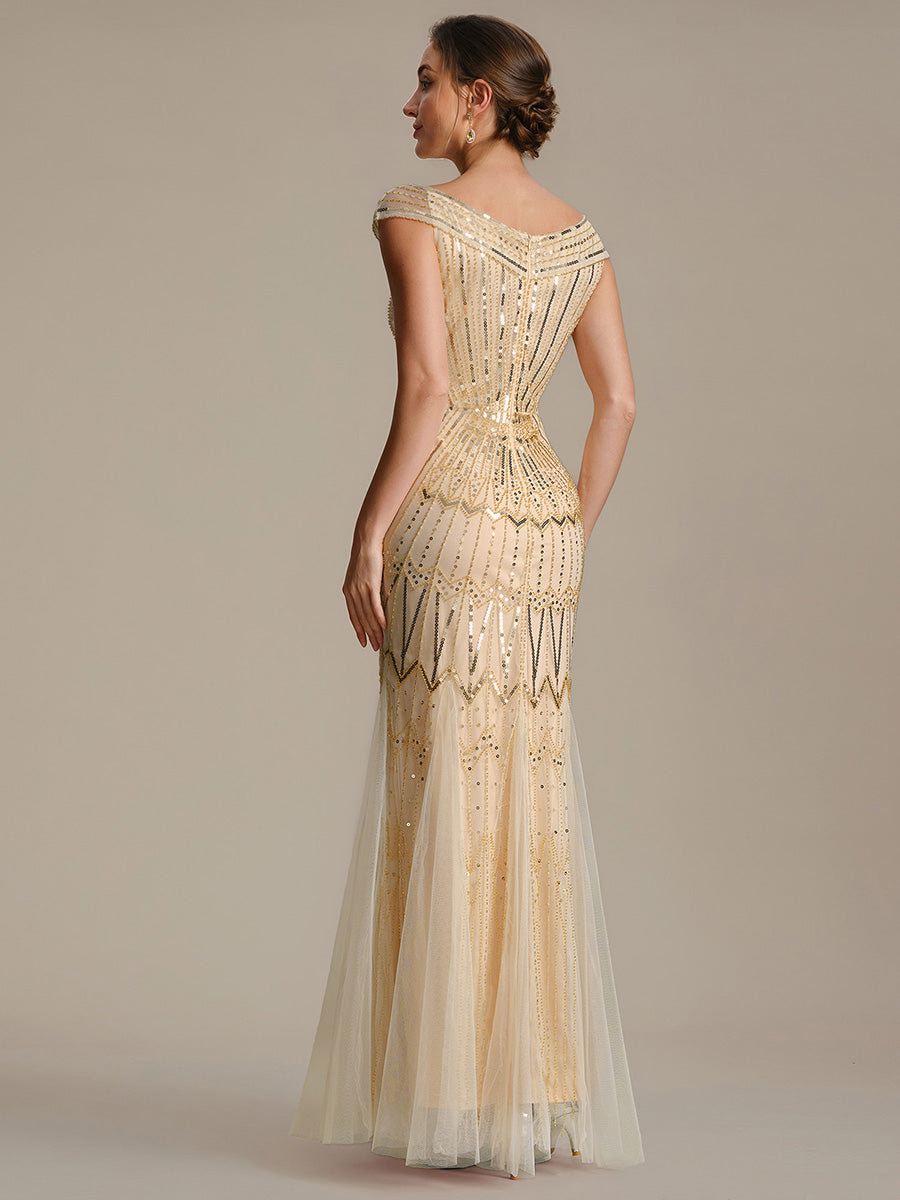 Maxil?nge Meerjungfrau Kleid V Ausschnitt T¨¹ll Verziert Pailletten Perlen #Farbe_Gold