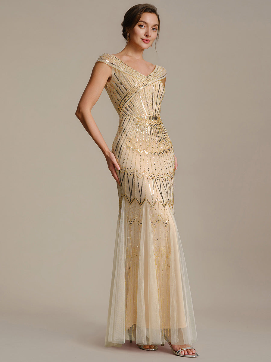 Maxil?nge Meerjungfrau Kleid V Ausschnitt T¨¹ll Verziert Pailletten Perlen #Farbe_Gold