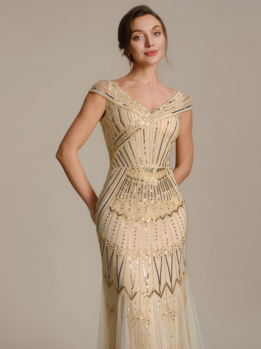 Maxil?nge Meerjungfrau Kleid V Ausschnitt T¨¹ll Verziert Pailletten Perlen #Farbe_Gold