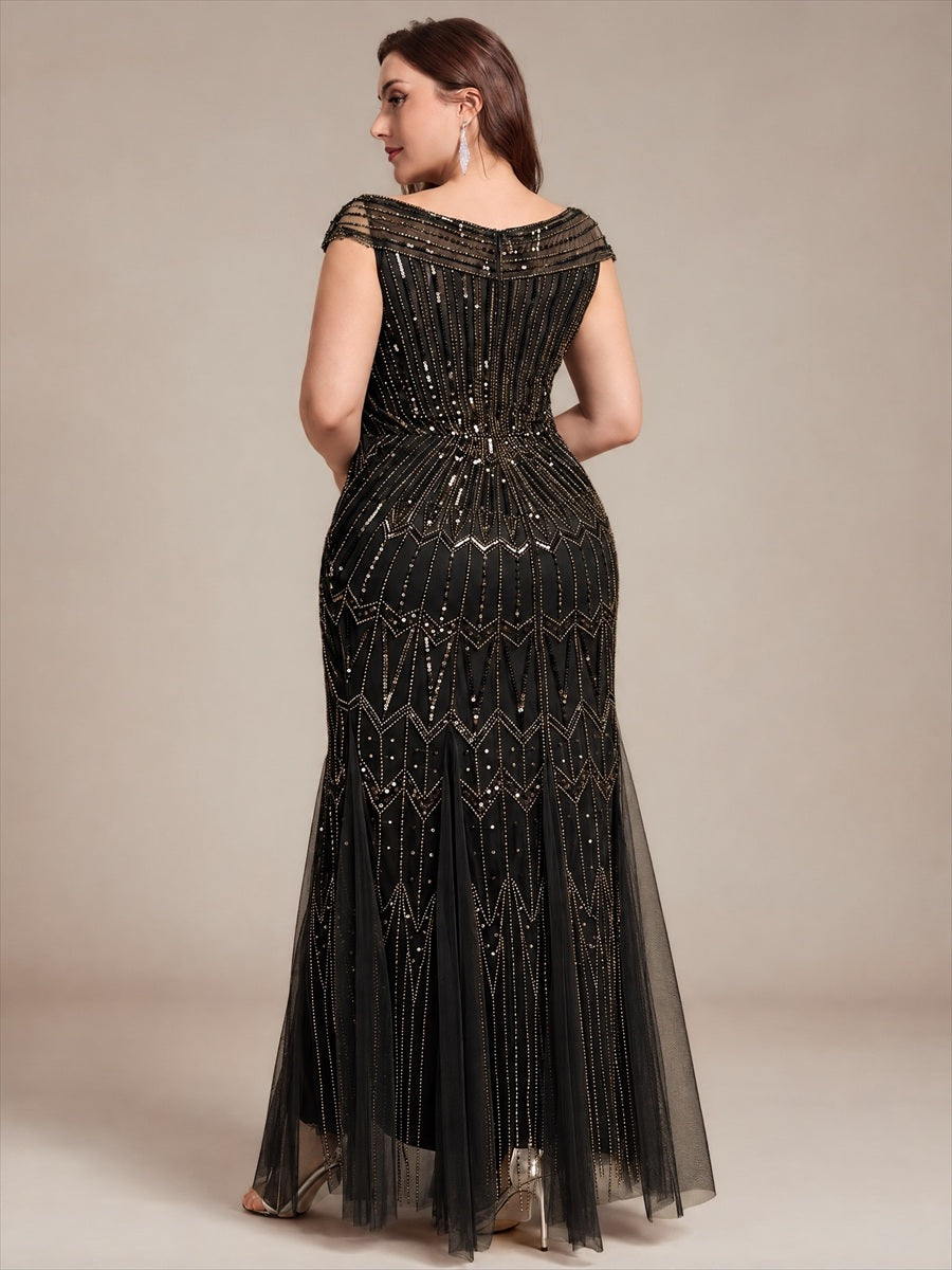 Maxil?nge Meerjungfrau Kleid V Ausschnitt T¨¹ll Verziert Pailletten Perlen #Farbe_Schwarz & Gold
