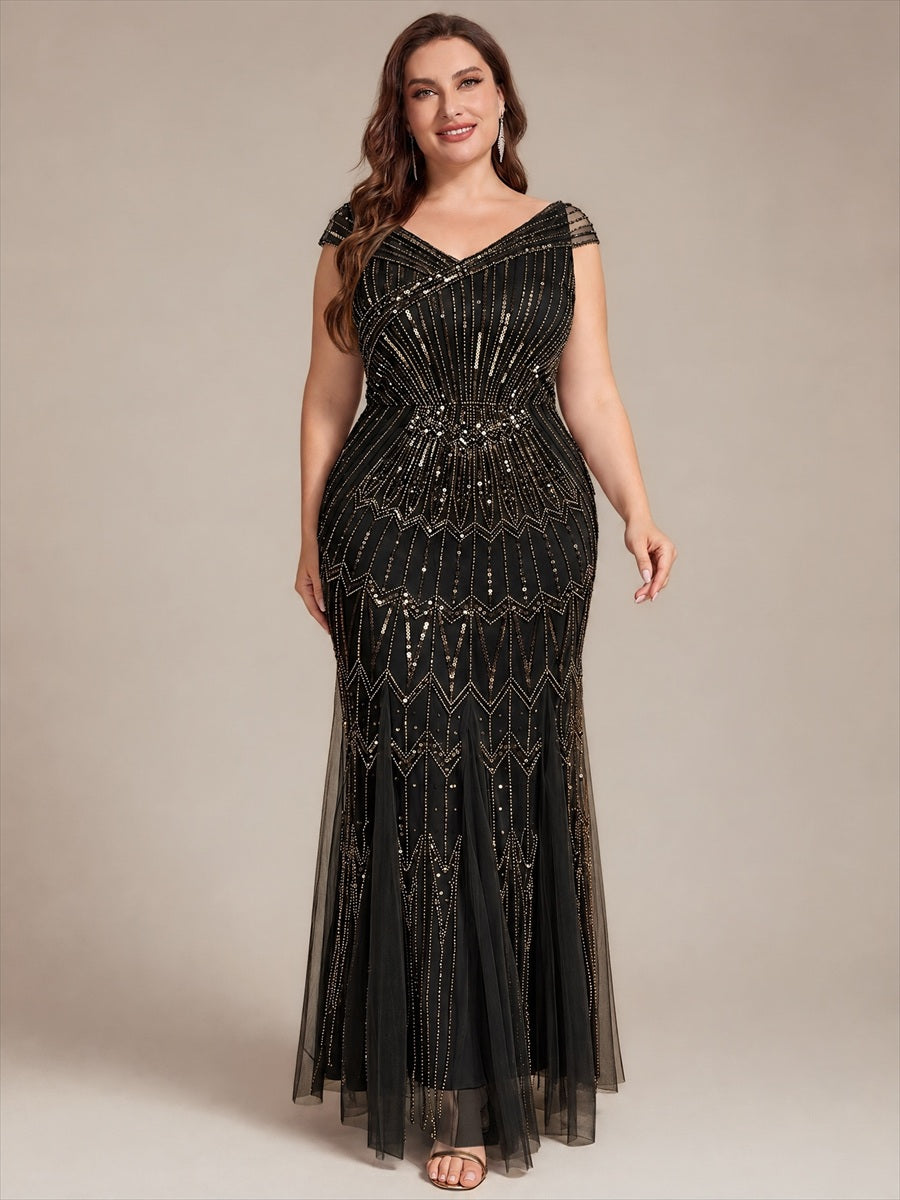 Maxil?nge Meerjungfrau Kleid V Ausschnitt T¨¹ll Verziert Pailletten Perlen #Farbe_Schwarz & Gold