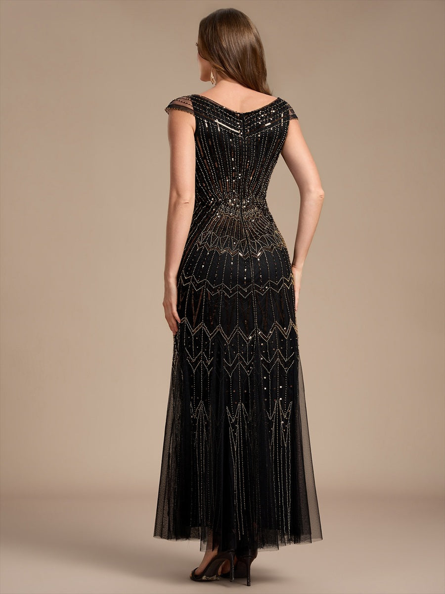 Maxil?nge Meerjungfrau Kleid V Ausschnitt T¨¹ll Verziert Pailletten Perlen #Farbe_Schwarz & Gold