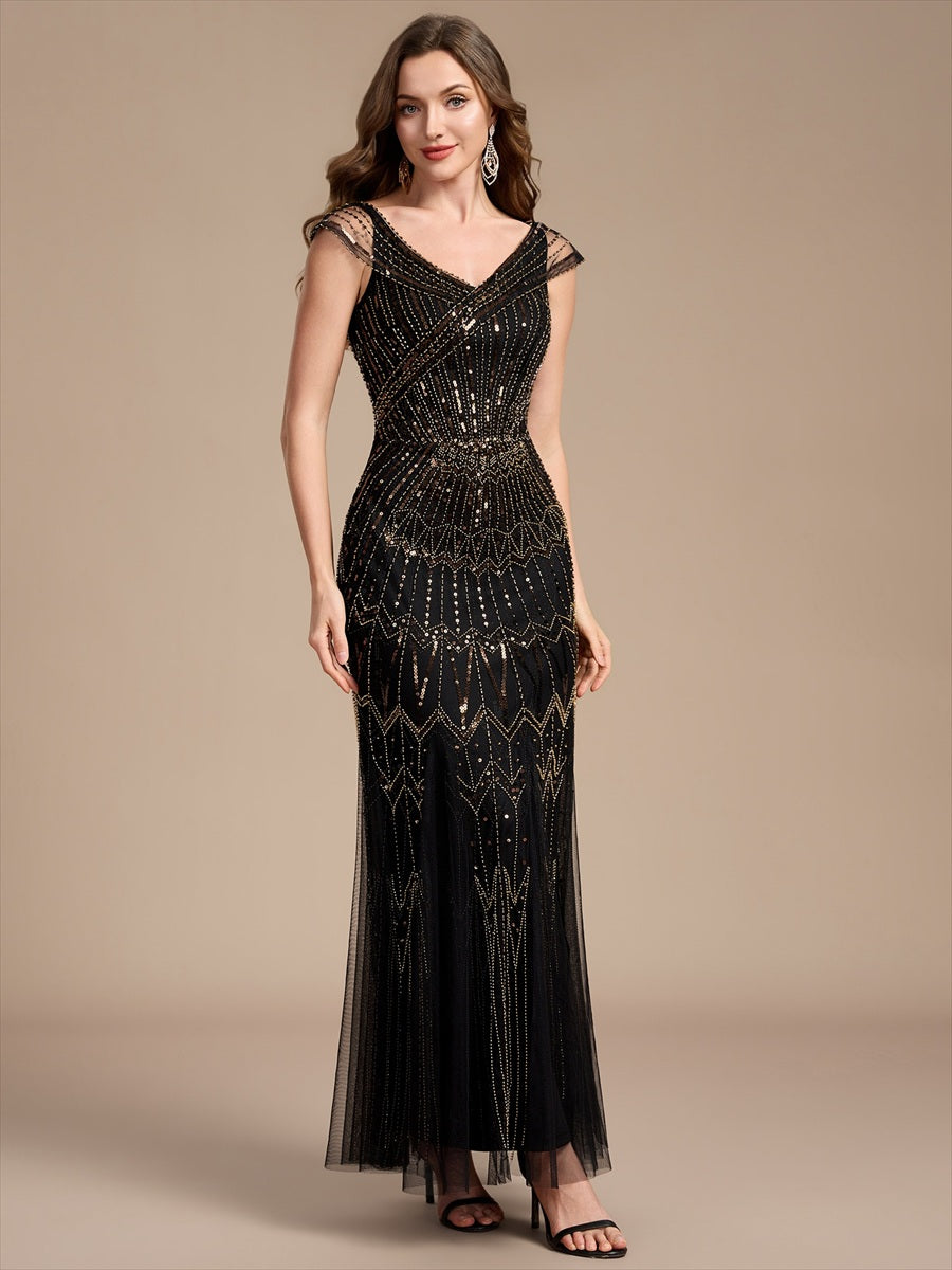 Maxil?nge Meerjungfrau Kleid V Ausschnitt T¨¹ll Verziert Pailletten Perlen #Farbe_Schwarz & Gold